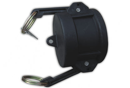 Camlock Type DC 1" black coupler assembly with lever arm, pins, and metal wire spring