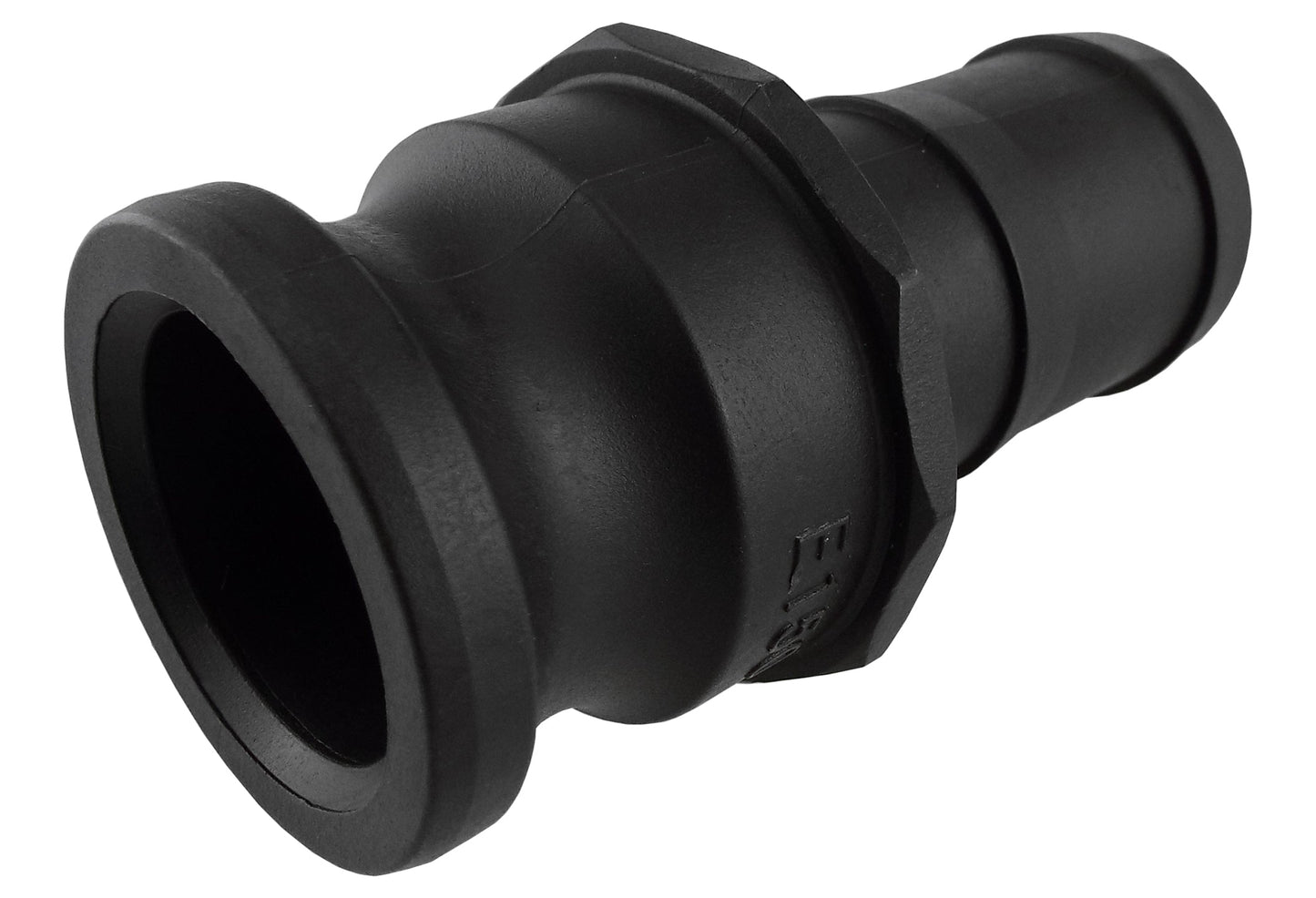 Camlock Typ E 1,25" schwarzer Verbinder mit breitem Flansch und eingravierter Prägung