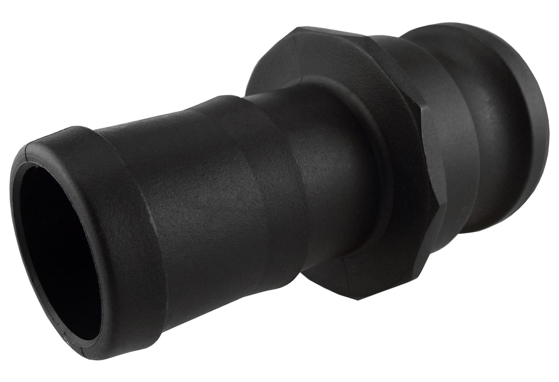 Camlock Typ E 1,25" schwarzer Stecker mit Innenring und angedeuteter Verriegelung