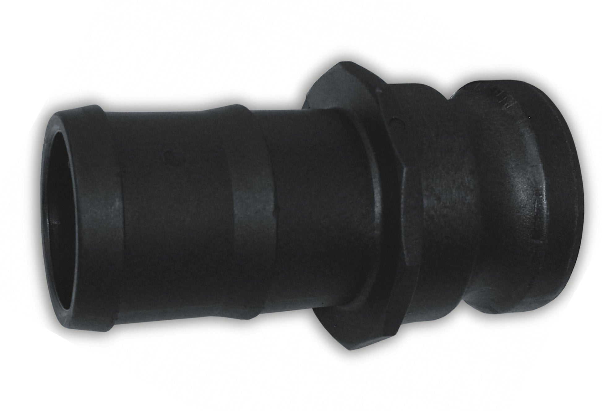 Camlock Typ E 1,25" schwarzer Anschlusskörper, seitliche Ansicht mit Stufenprofil