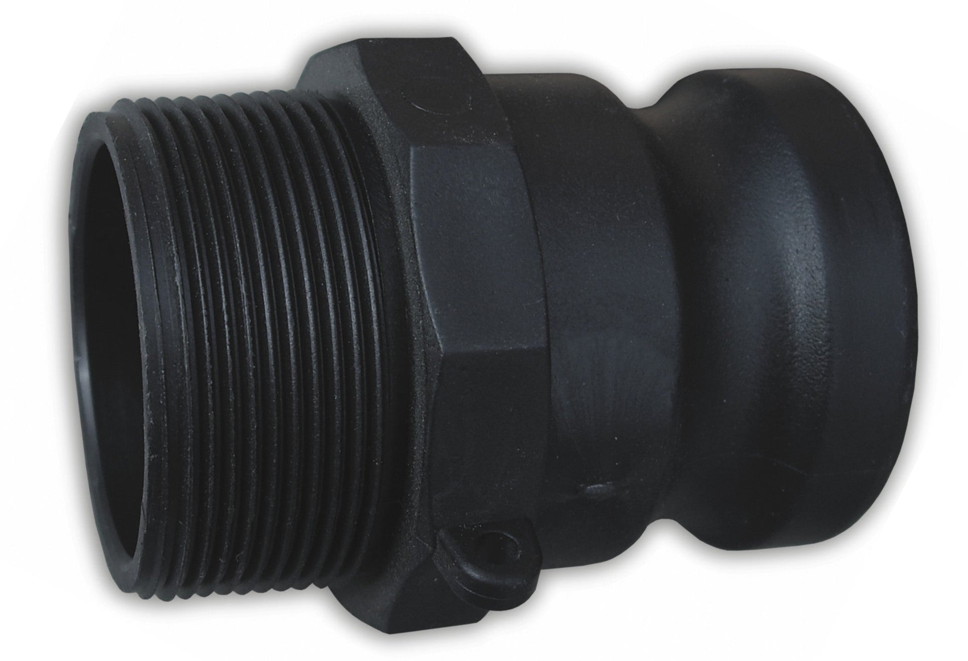 Camlock Type F 4" black coupling, close-up of ribbed threads and latch bracket