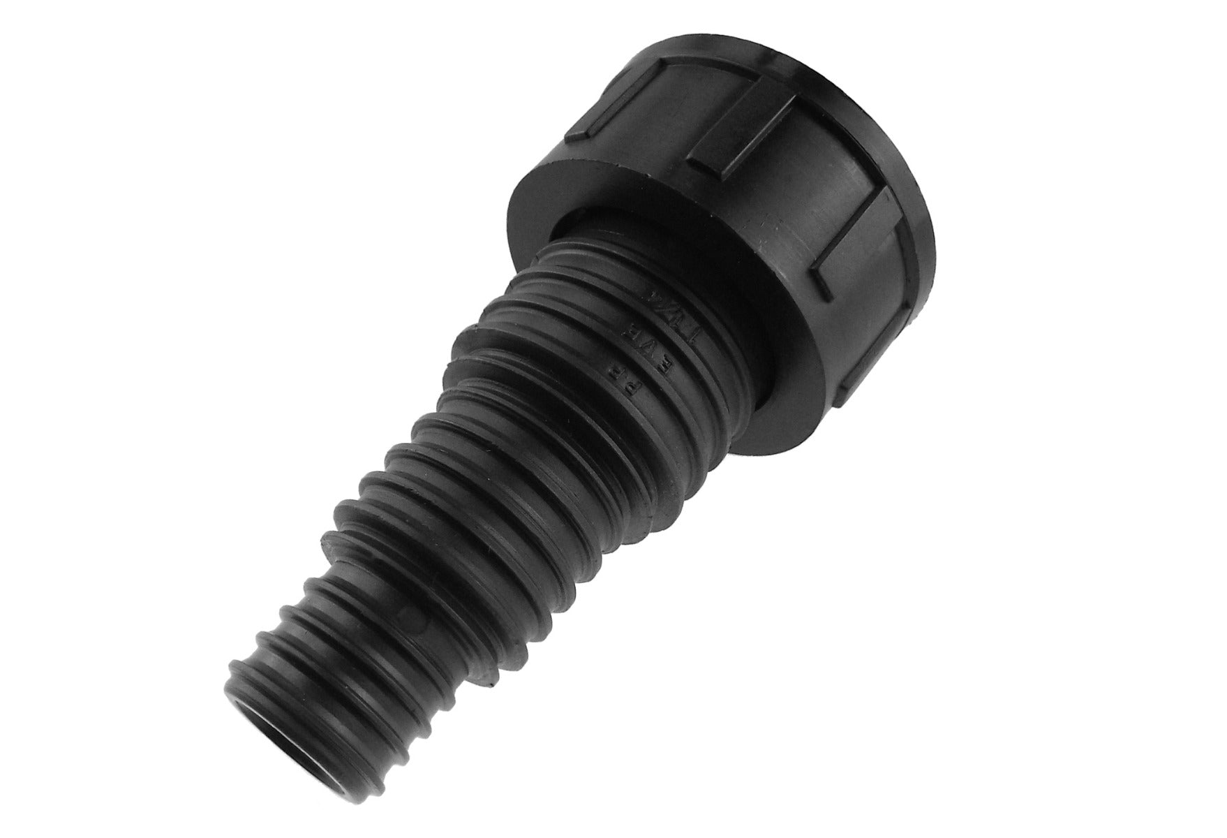 Pond connector 1.25" BSPF in black, ribbed threaded plastic end
