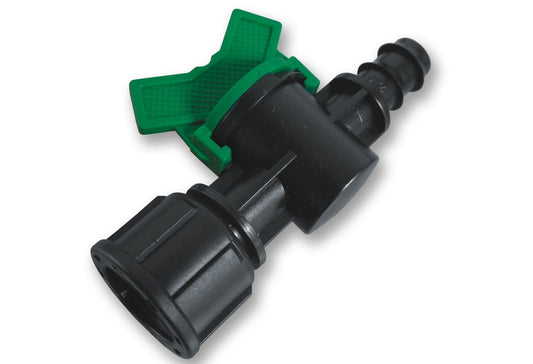 Inline irrigation valve for 1/2" pipe to 3/4" BSPF thread, black body and green handle