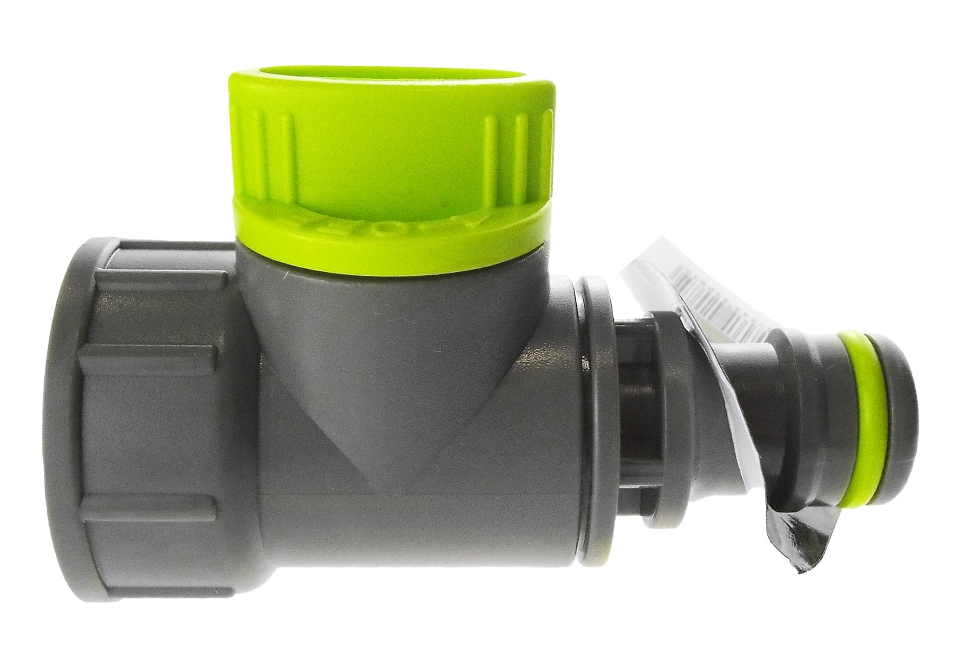 Tap adapter with valve, ¾” BSPF—gray housing, lime cap, and quick-connect spout