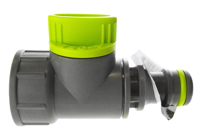Tap adapter with valve, ¾” BSPF—gray housing, lime cap, and quick-connect spout