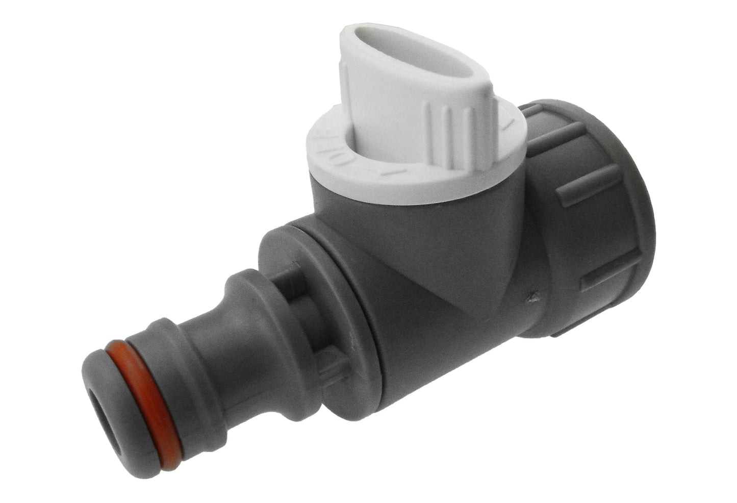 Tap adapter valve connector, grey plastic with orange-ring seal, angled view