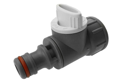 Tap adapter valve connector, grey plastic with orange-ring seal, angled view