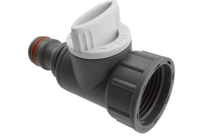 3/4" BSPF tap adapter with valve, snap-on coupling and orange O-ring seal