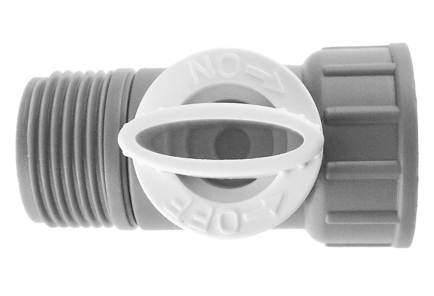 3/4" BSPM-F tap adapter valve, front view with circular inlet and ridged thread