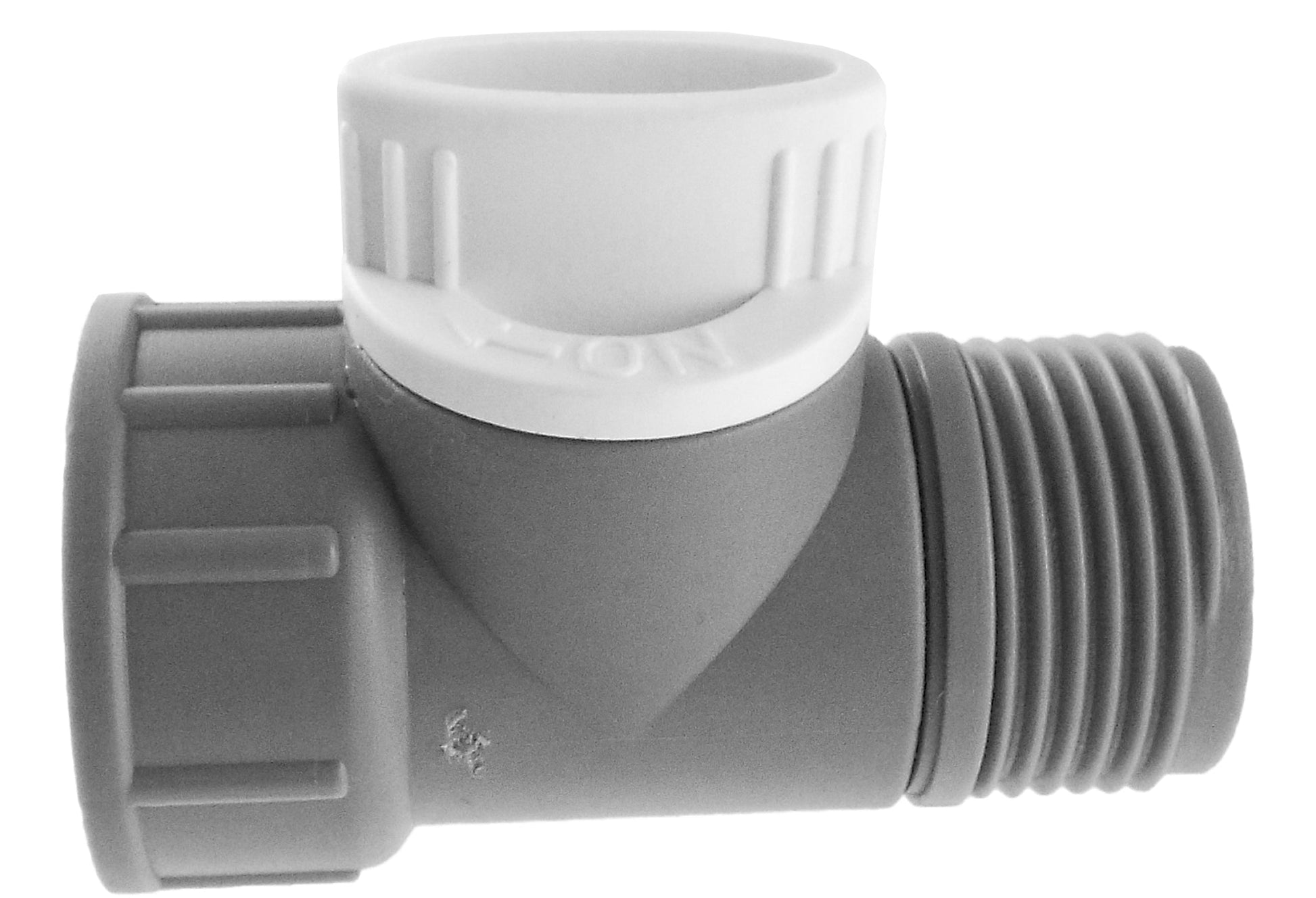 Tap adapter with valve, 3/4" BSPM-F grey body and white cap on threaded end