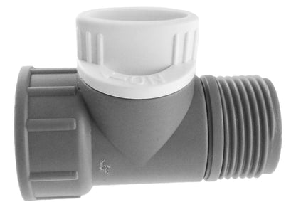 Tap adapter with valve, 3/4" BSPM-F grey body and white cap on threaded end