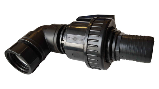 IBC 2” S60X6 Kappe mit Kunststoffventil, 2” BSP Ellbogen und 50mm Stutzen (seitlich)
