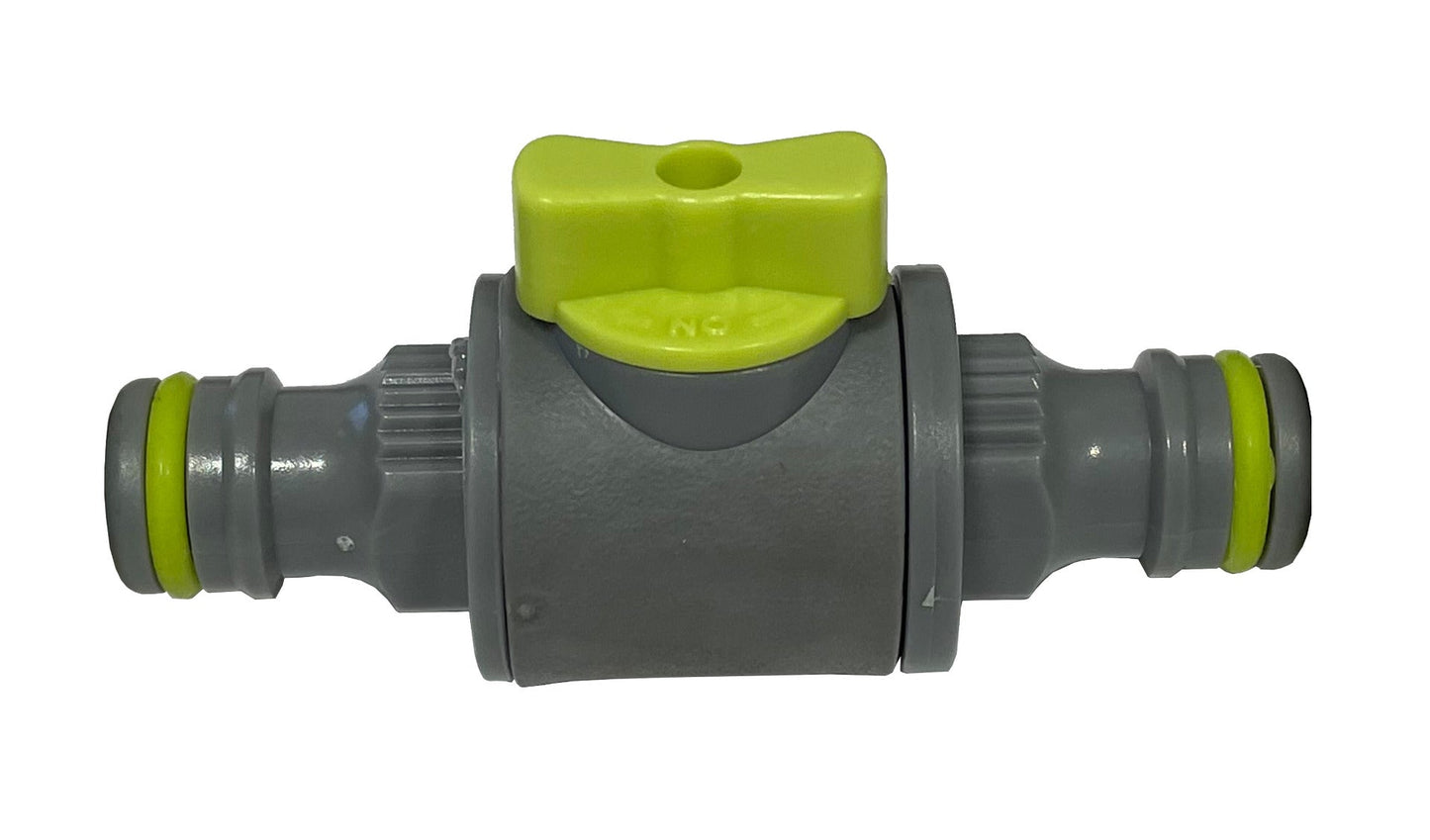 In-Line Valve Lime: graues Ventil mit gelbem Bedienhebel und grünen Endringen