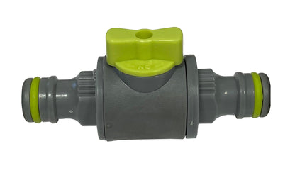 In-Line Valve Lime: graues Ventil mit gelbem Bedienhebel und grünen Endringen