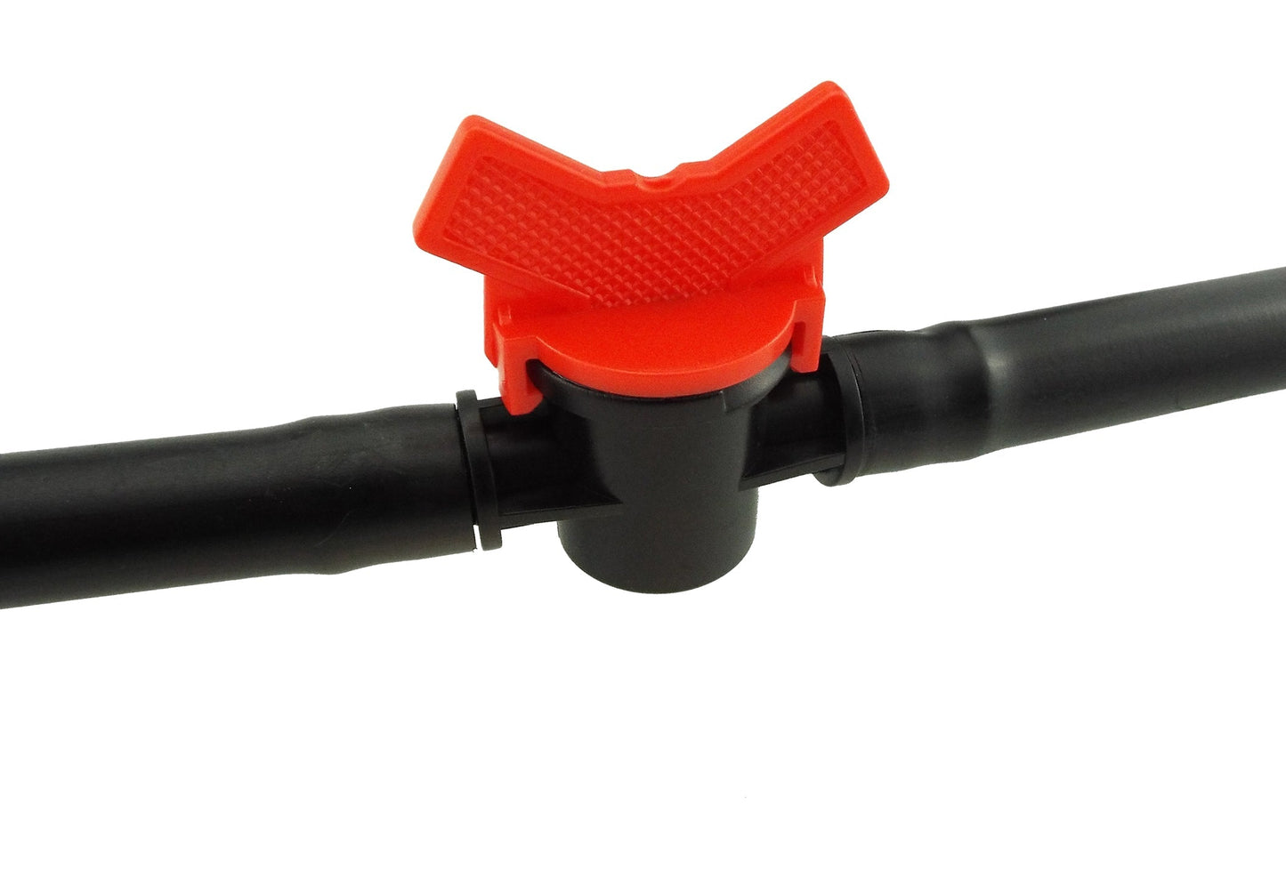 Inline irrigation valve for 1/2 inch pipe with red handle and black body
