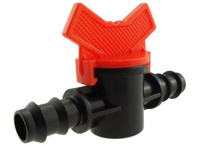 1/2" inline irrigation valve with red top lever, black fittings and barbs