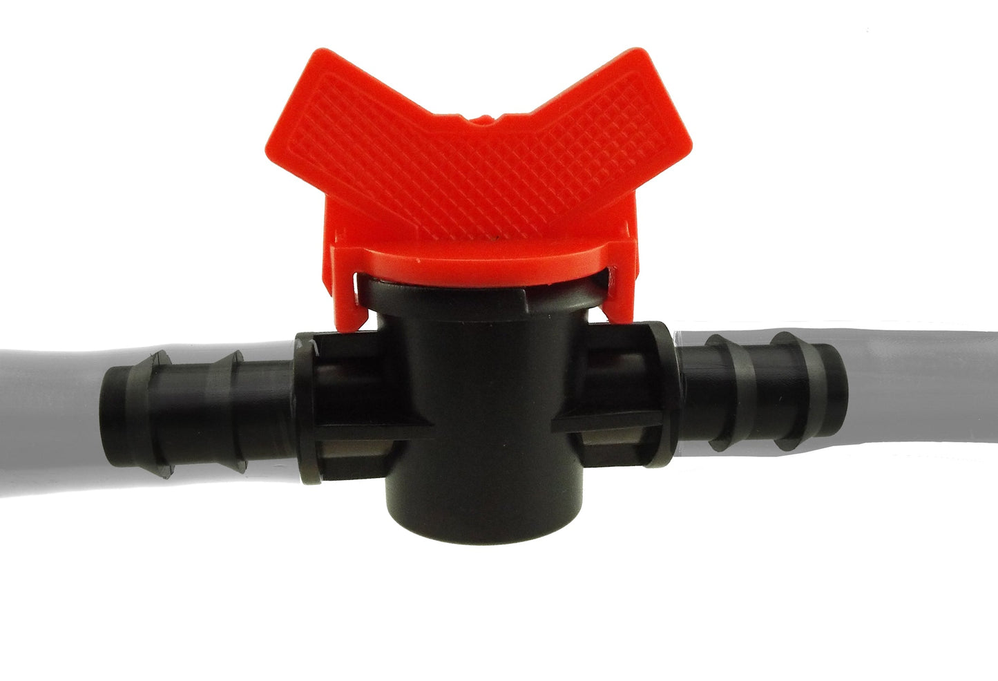 1/2" inline irrigation valve on black pipe, red top handle