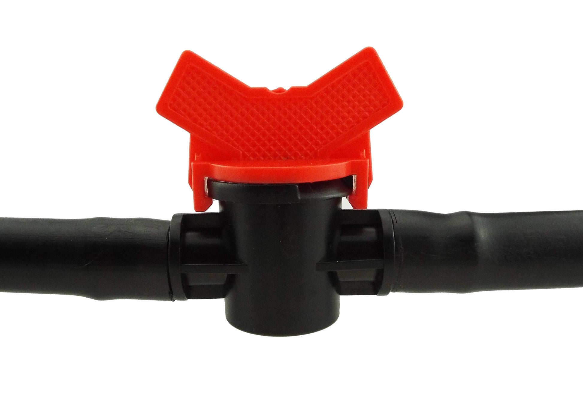 1/2" inline irrigation valve front view with red actuator on black tubing