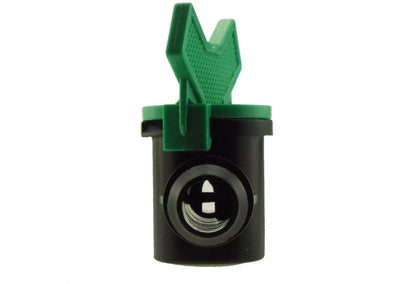1/2" inline irrigation valve with green lever and black internal inlet