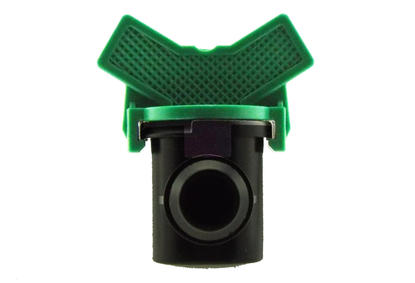 1/2" inline irrigation valve, green actuator with circular inlet on black housing