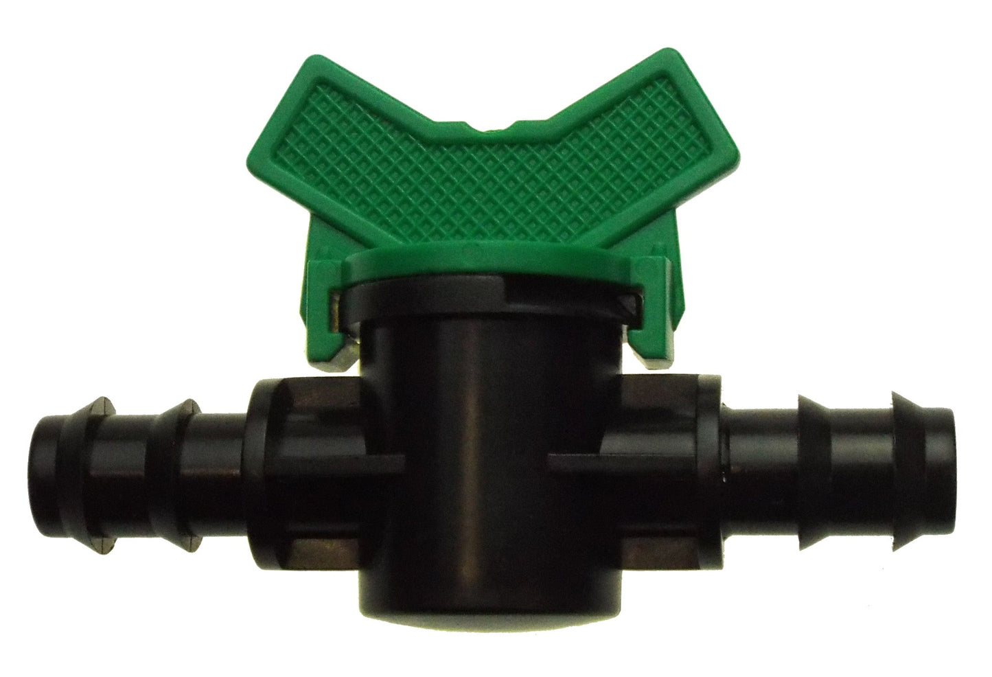 1/2" inline irrigation valve with green actuator and black body fittings