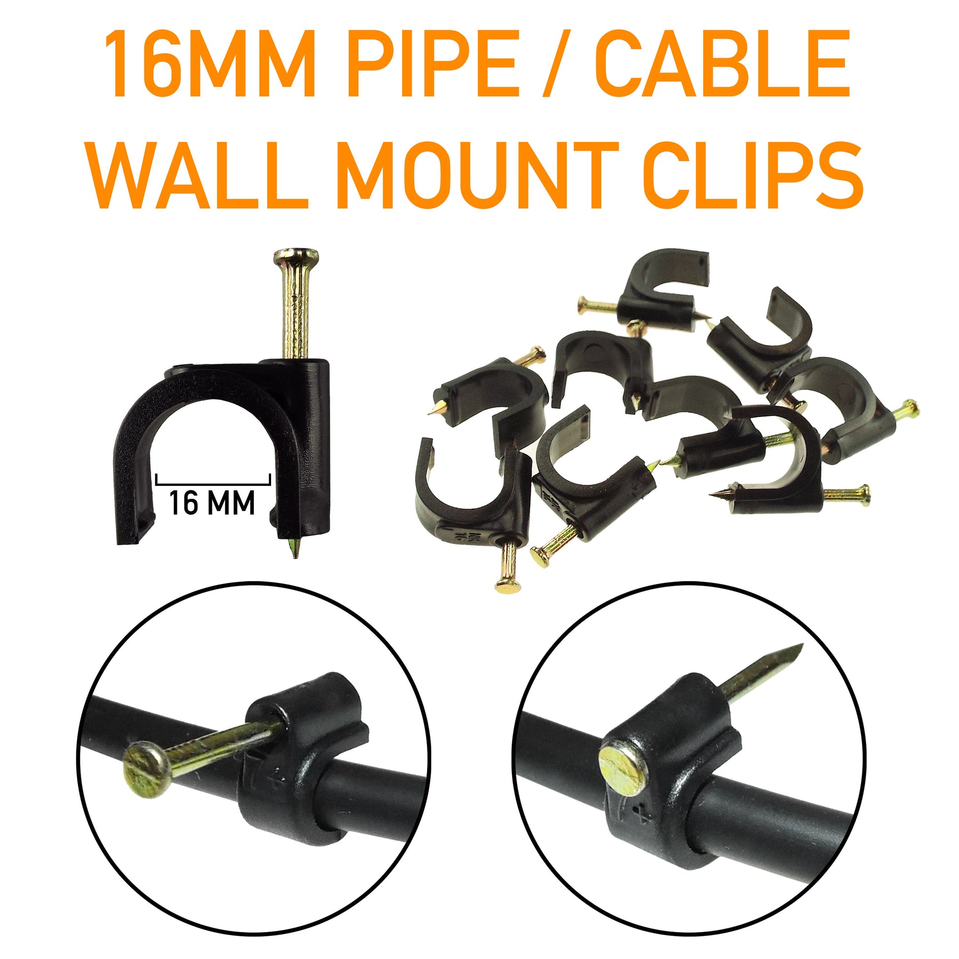 16 mm wall mount irrigation pipe clips, black clamp with gold nail, 1 clip