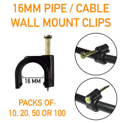 Wall mount clips for 16mm pipe/cable, black clamp with nail; packs 10/20/50/100