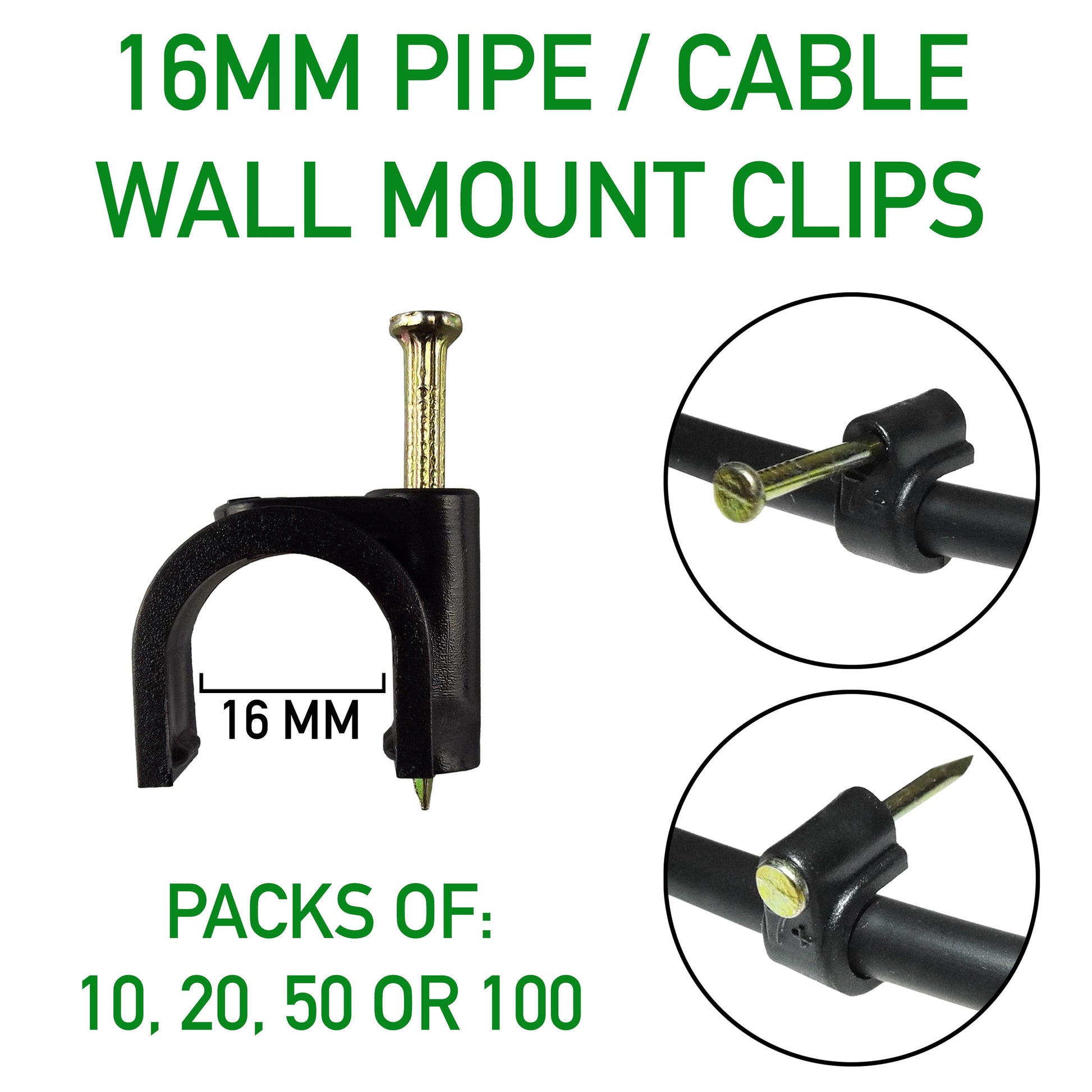 Wall mount clip for 16mm pipe/cable with metal nail and black plastic fastener