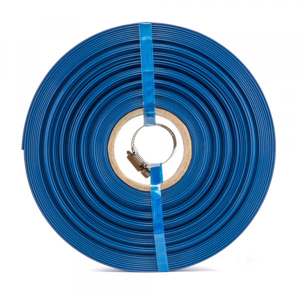 Blue 1-inch flat lay hose coil with clip, 50 m