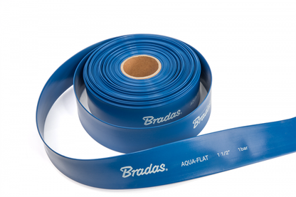 Rolled blue flat lay hose strip with markings and branding