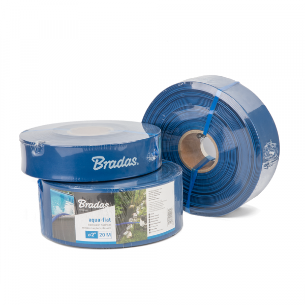 Blue lay-flat hose rolls with aqua-flat packaging for 1" hose
