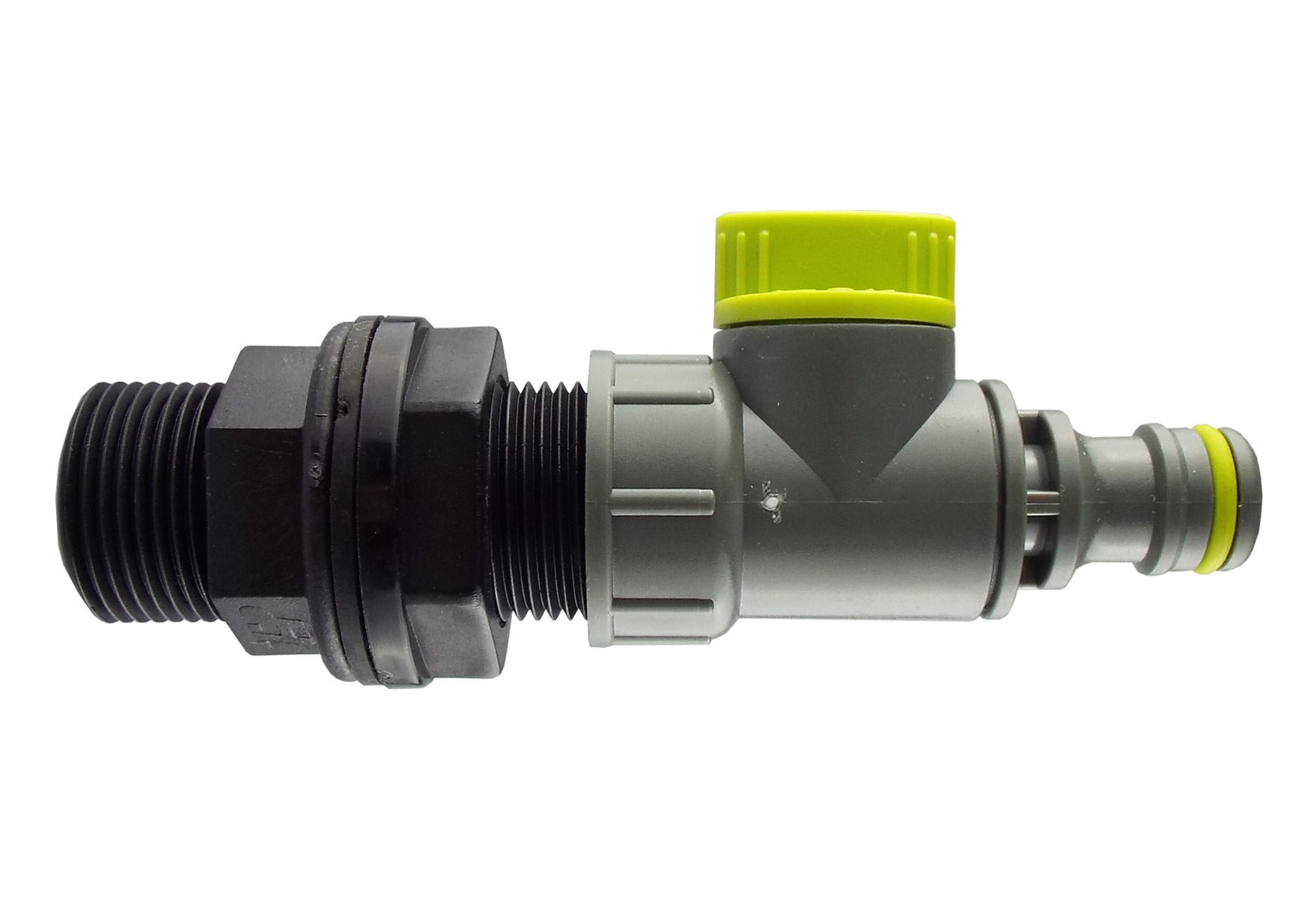 Drain kit plug fitting, lime green cap on grey body with black threaded connector