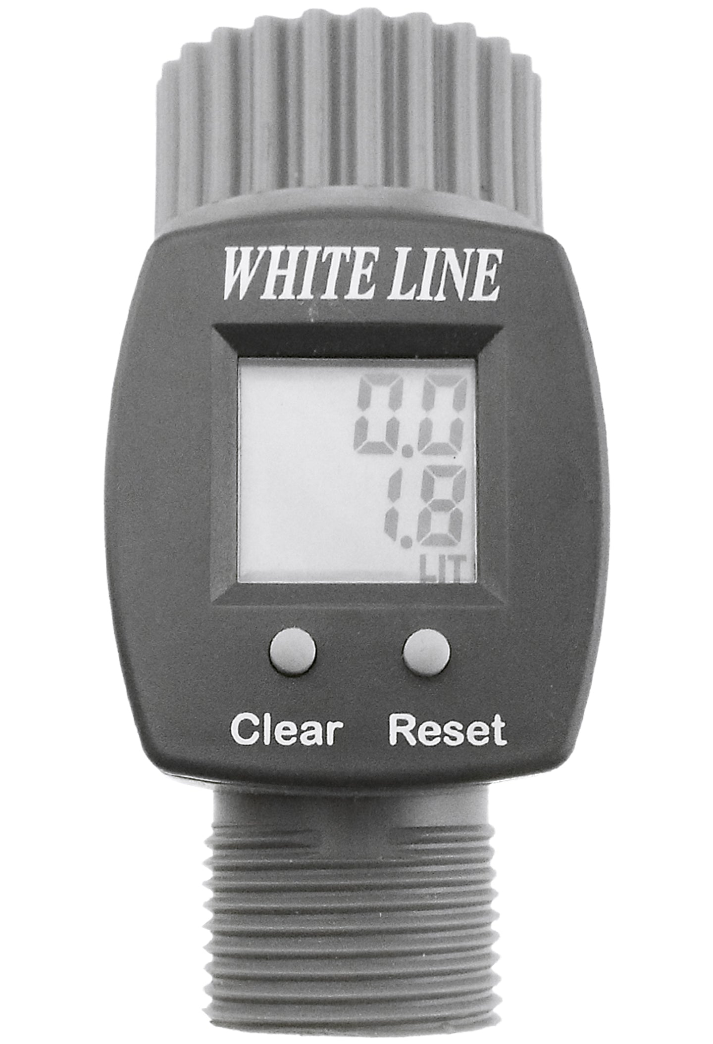 Water Flow Meter 3/4" BSPM-F LCD screen showing 0.98 and Clear/Reset buttons
