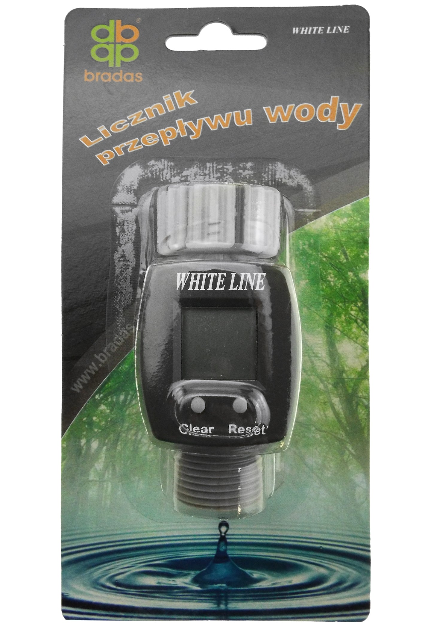 Water Flow Meter 3/4" BSPM-F blister pack with digital flow counter and Clear/Reset