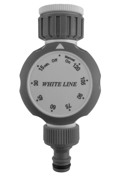 Mechanical water timer close-up dial with 15 min to 120 min scale and on/off