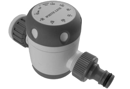 Mechanical water timer side view with hose connection ports and control dial