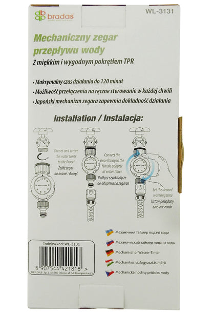 Mechanical water timer package back with installation diagrams and feature list