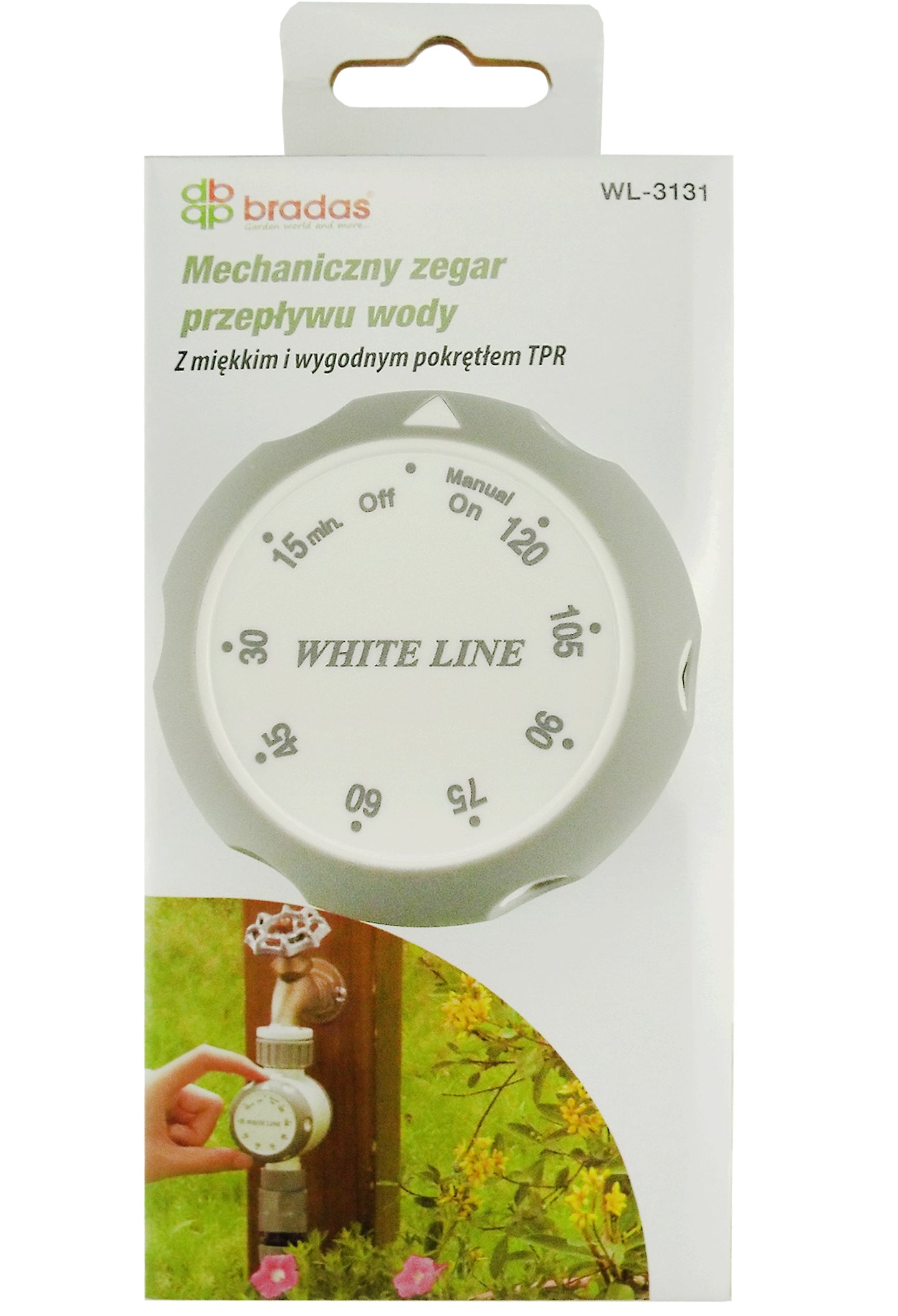 White Line mechanical water timer retail box with dial shown on the front