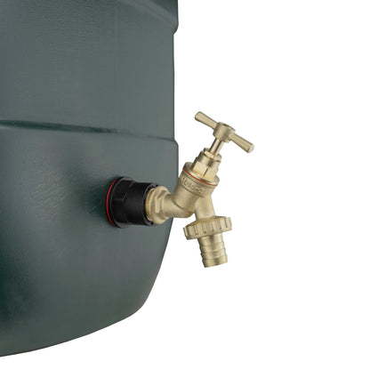 Water butt tap connection: brass valve with handle on dark green tank