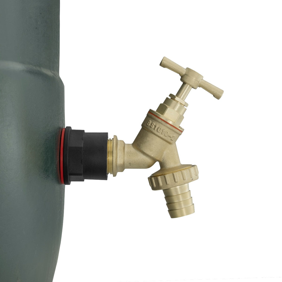 Brass water butt tap fitted to 1/2" adapter with black threaded connector
