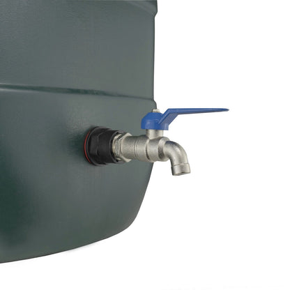 Wasserhahn-Anschluss am Fass mit 1/2" Gewinde, silberne Armatur und blauer Hebel