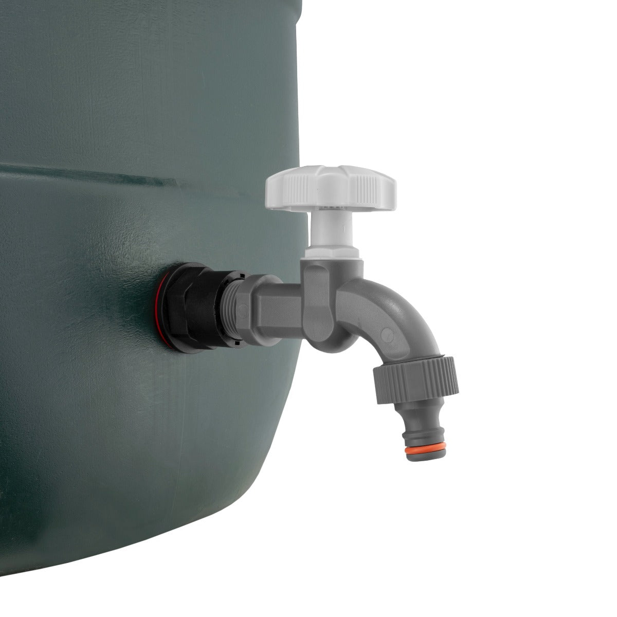 Water butts tap fitting on tank outlet with grey connector and orange ring
