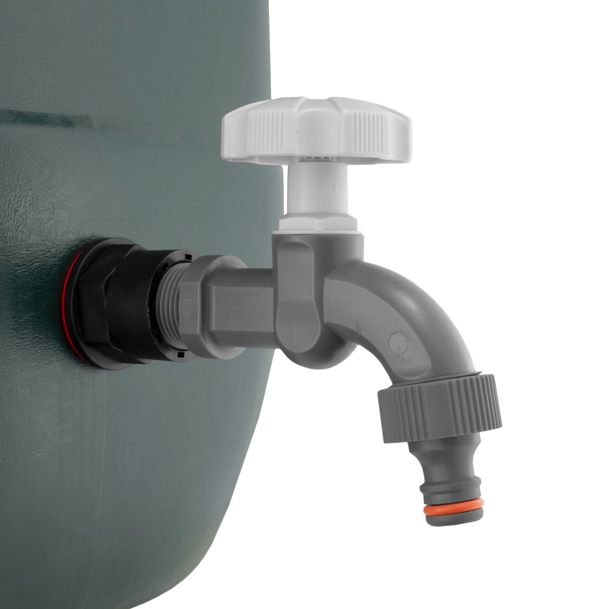 Water butts tap outlet on tank, angled spout and ribbed control knob