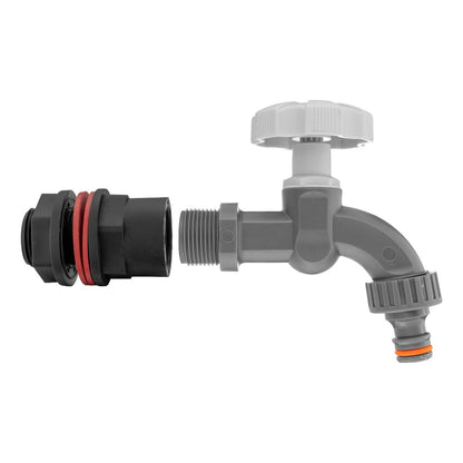 Water butts tap connector assembly with 1/2" threaded end and drill bit
