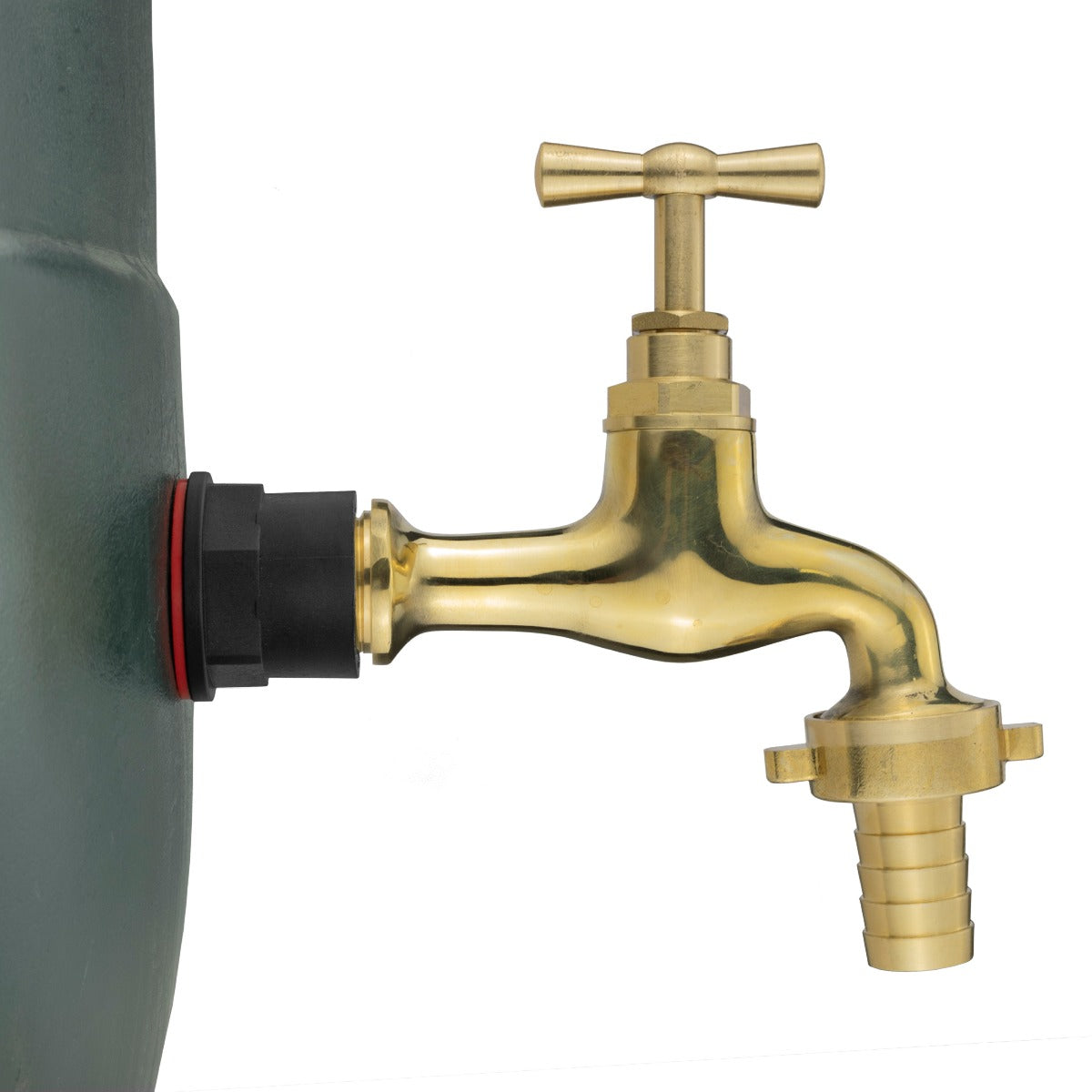 Brass tap with black connector fitting and angled outlet