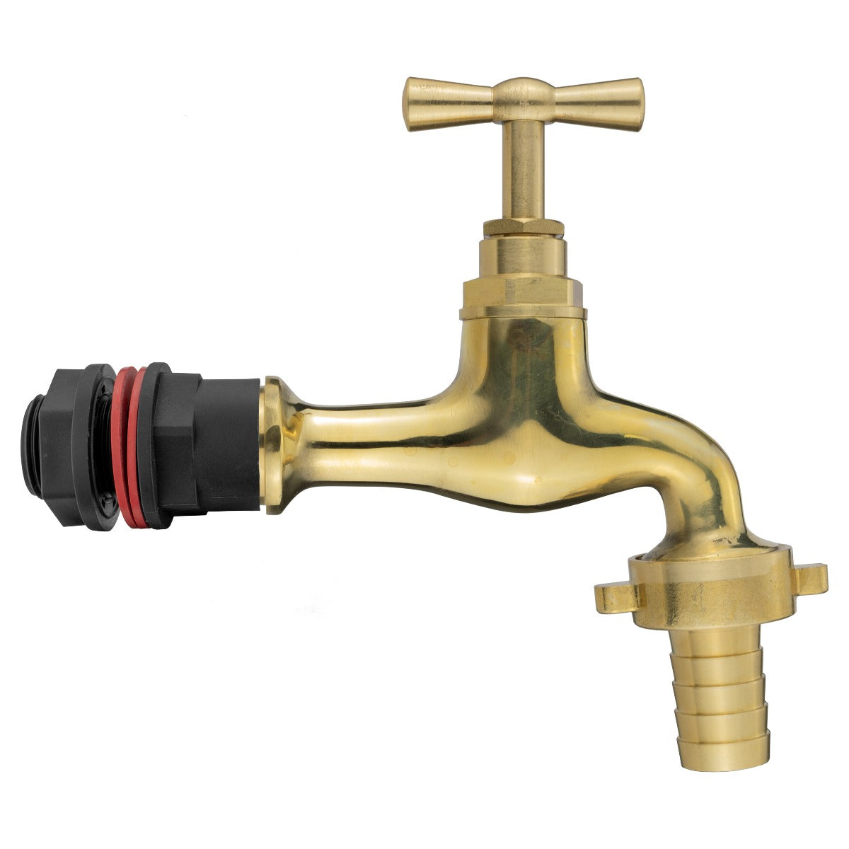 Brass water butt tap with handle, side outlet, and threaded inlet