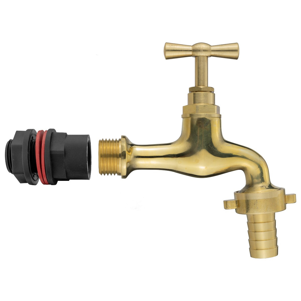 Polished brass water butt tap with handle and outlet connection