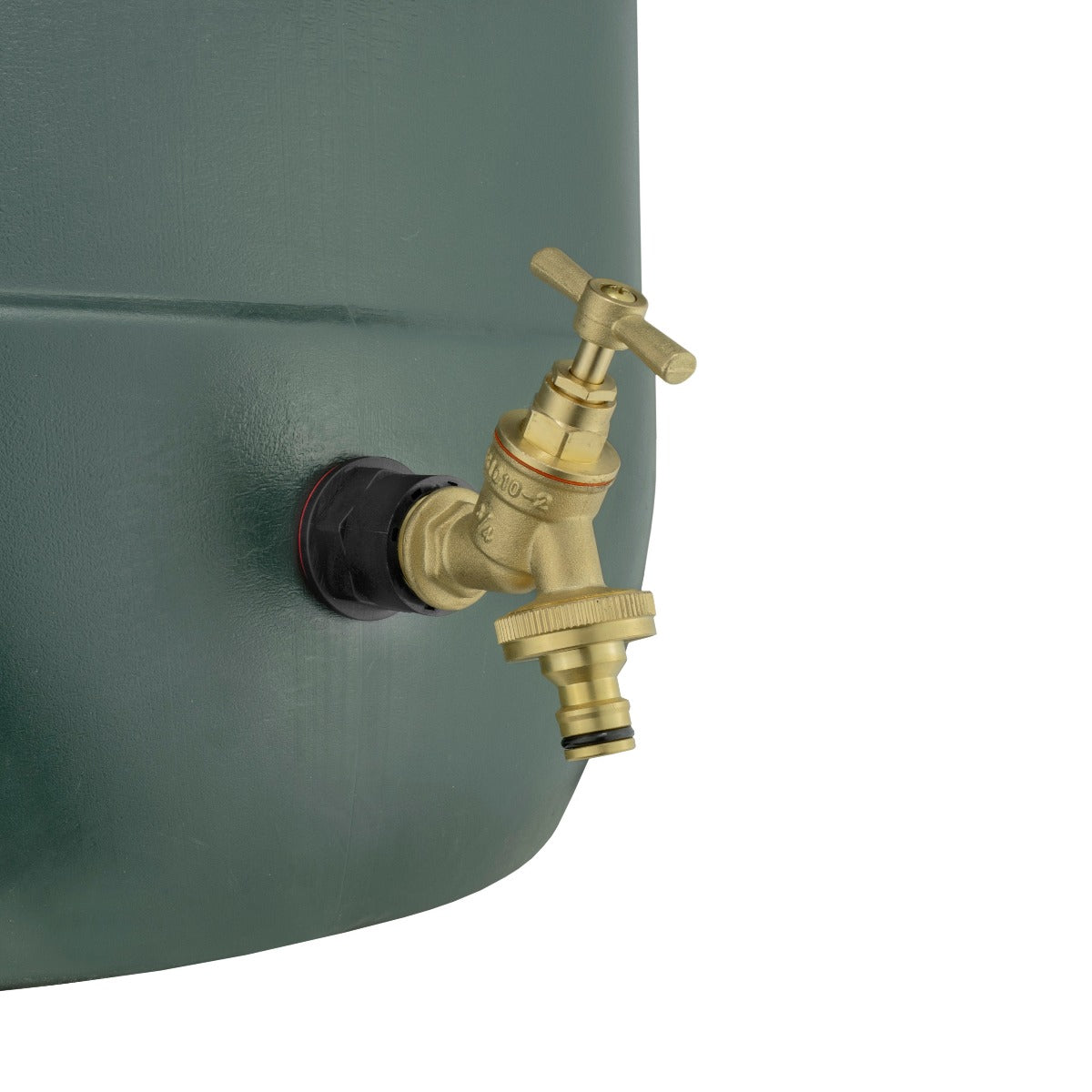 Brass bib tap outlet connected to a water butt with snap-on fitting