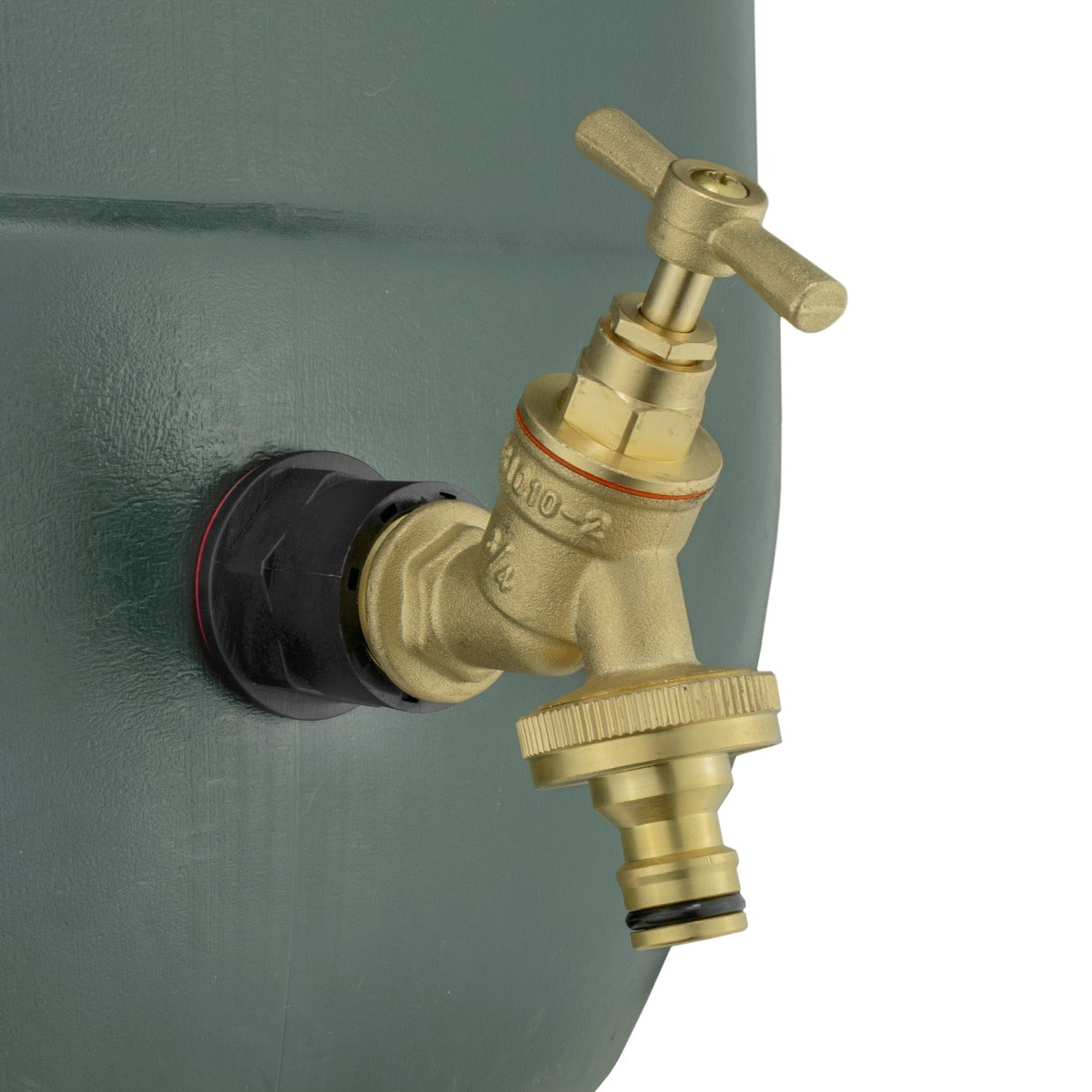 Brass bib tap and snap-on connector on water butt side inlet
