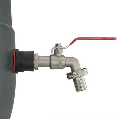 3/4in water butt tap with red lever, connected to tank outlet